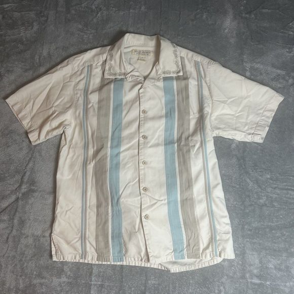 Island Republic Mens Medium Striped Shirt 100% Silk Cream and blue Button Down - Picture 1 of 3